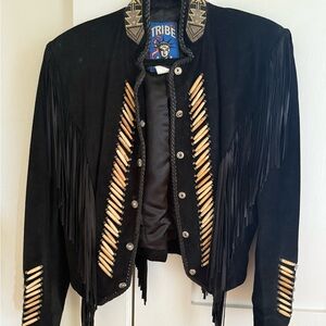 Black Suede Fringe Leather Jacket with Concho & Bone Accents